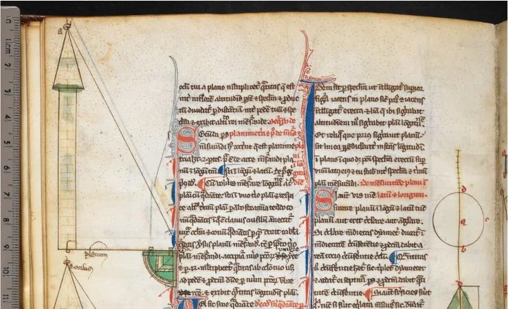 A manuscript folio with a marginal geometric diagram illustrating the use of a quadrant to measure an object’s height.