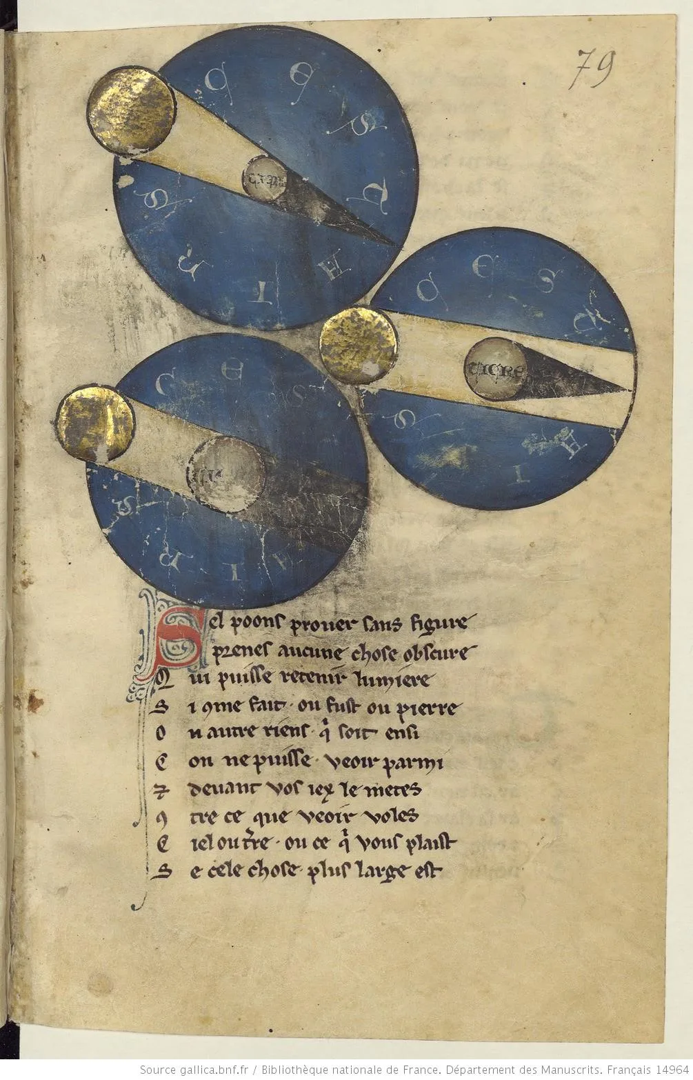 A manuscript page with three blue circular diagrams showing the Sun, Moon, and Earth casting shadows during successive phases of an eclipse.