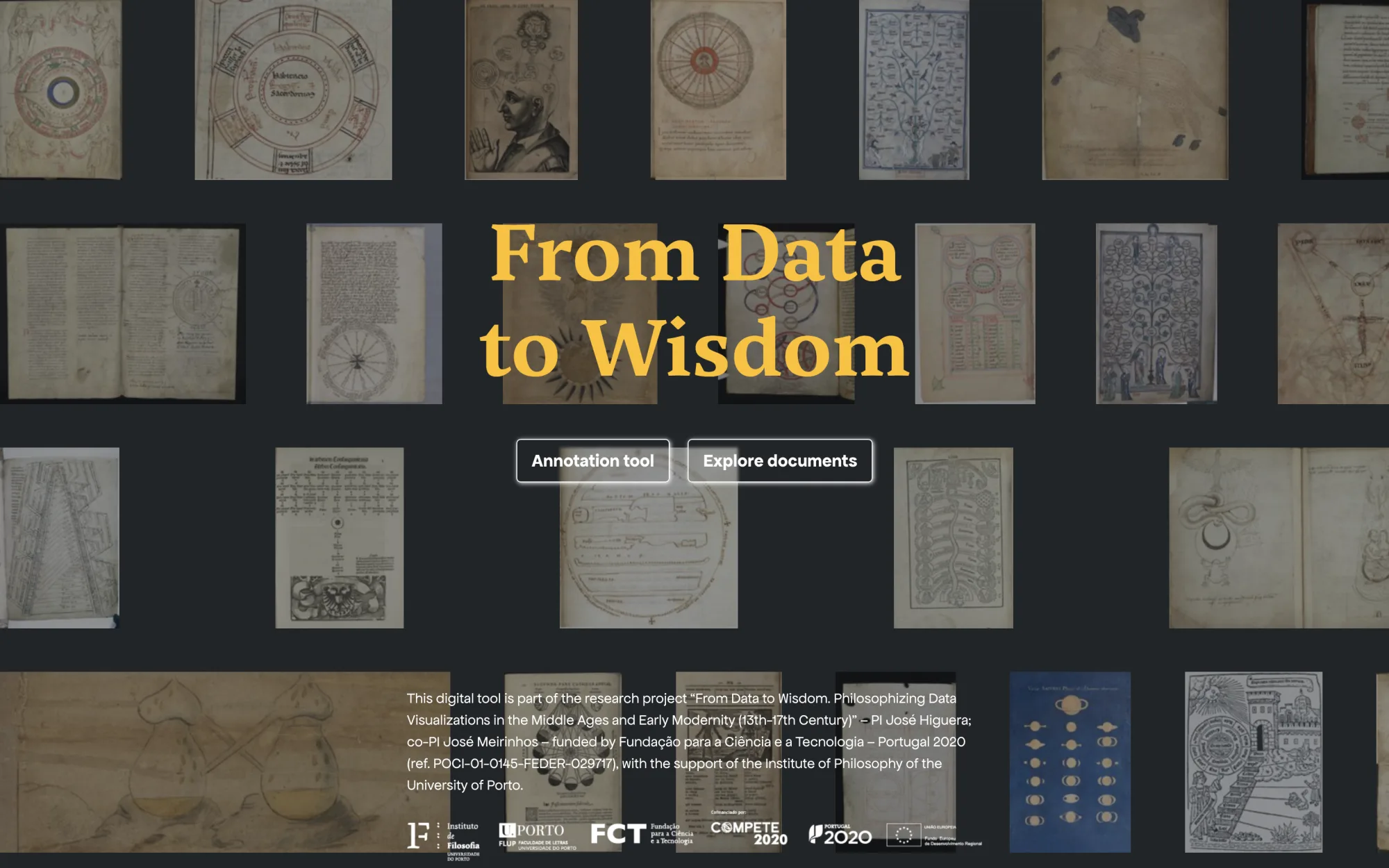 The tool’s splash screen titled “From Data to Wisdom” with two buttons, Annotation tool and Explore documents, over a dark grid of collection samples.