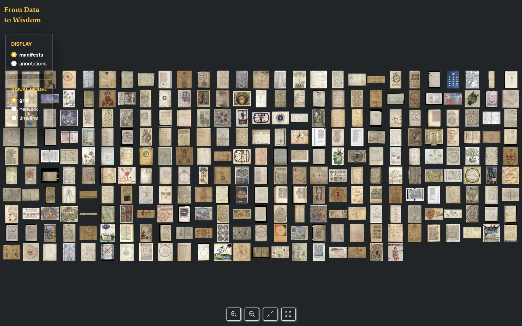 The distant reading grid view: the full IIIF repository shown as a dense mosaic of collection thumbnails on a dark background.