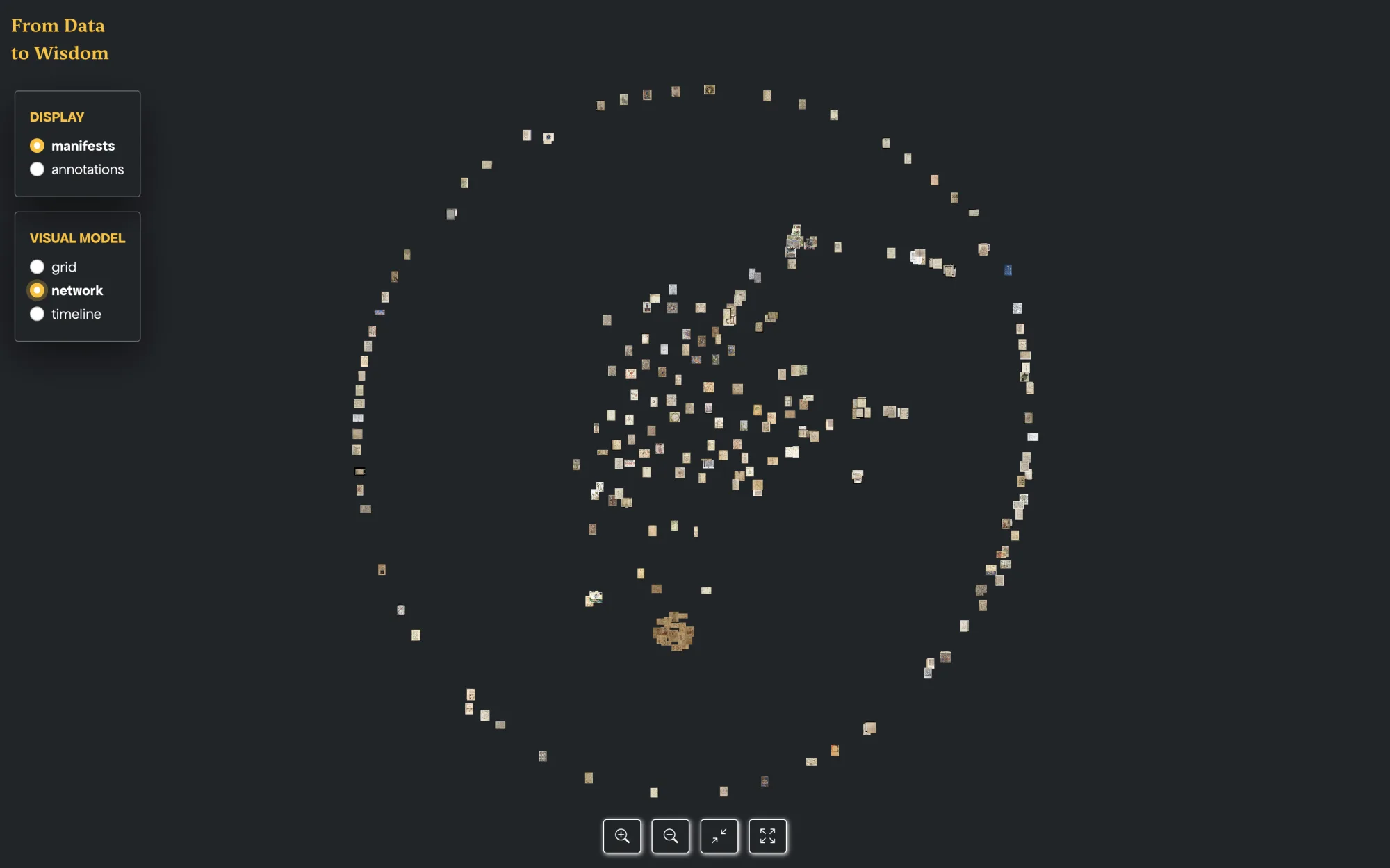 The network visualization: collection thumbnails scattered as nodes within a circular boundary, forming loose clusters.