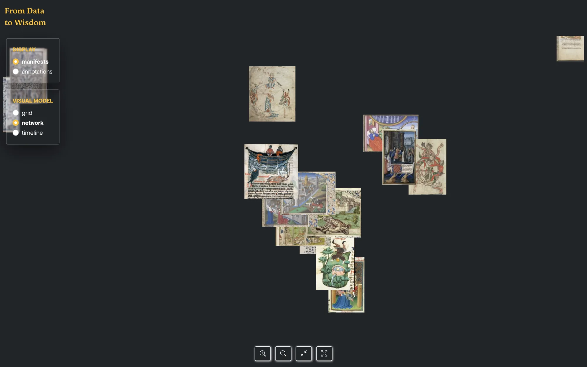 A zoomed-in cluster of a few related manuscript images arranged diagonally against a dark background.