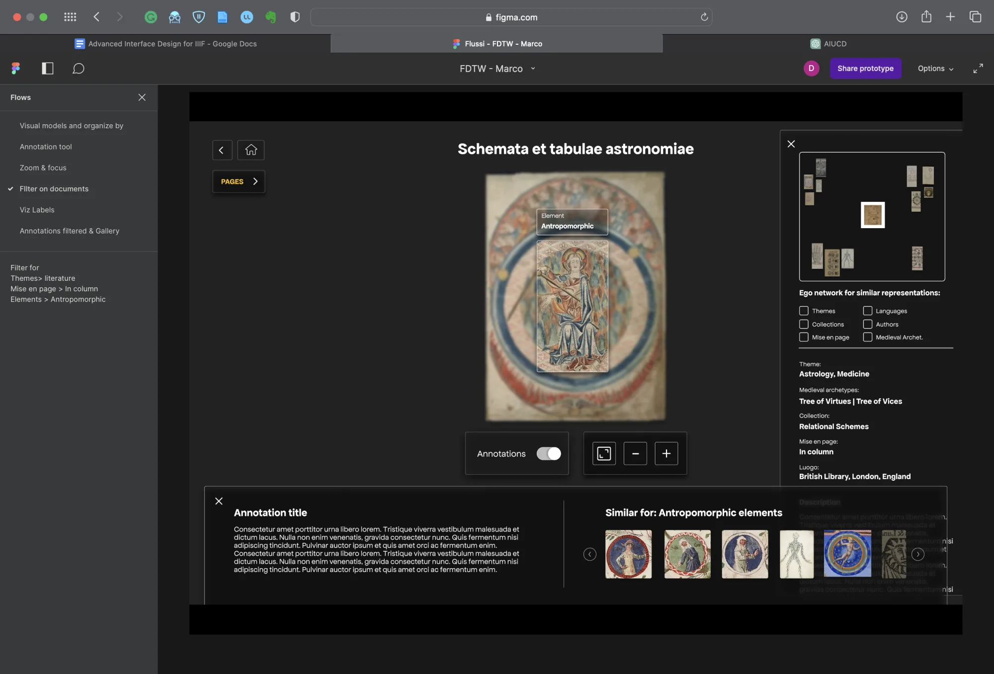 A mockup of the close reading interface for “Schemata et tabulae astronomiae”: a central image with an ego-network panel of related images on the right and a strip of micro-level related details along the bottom.