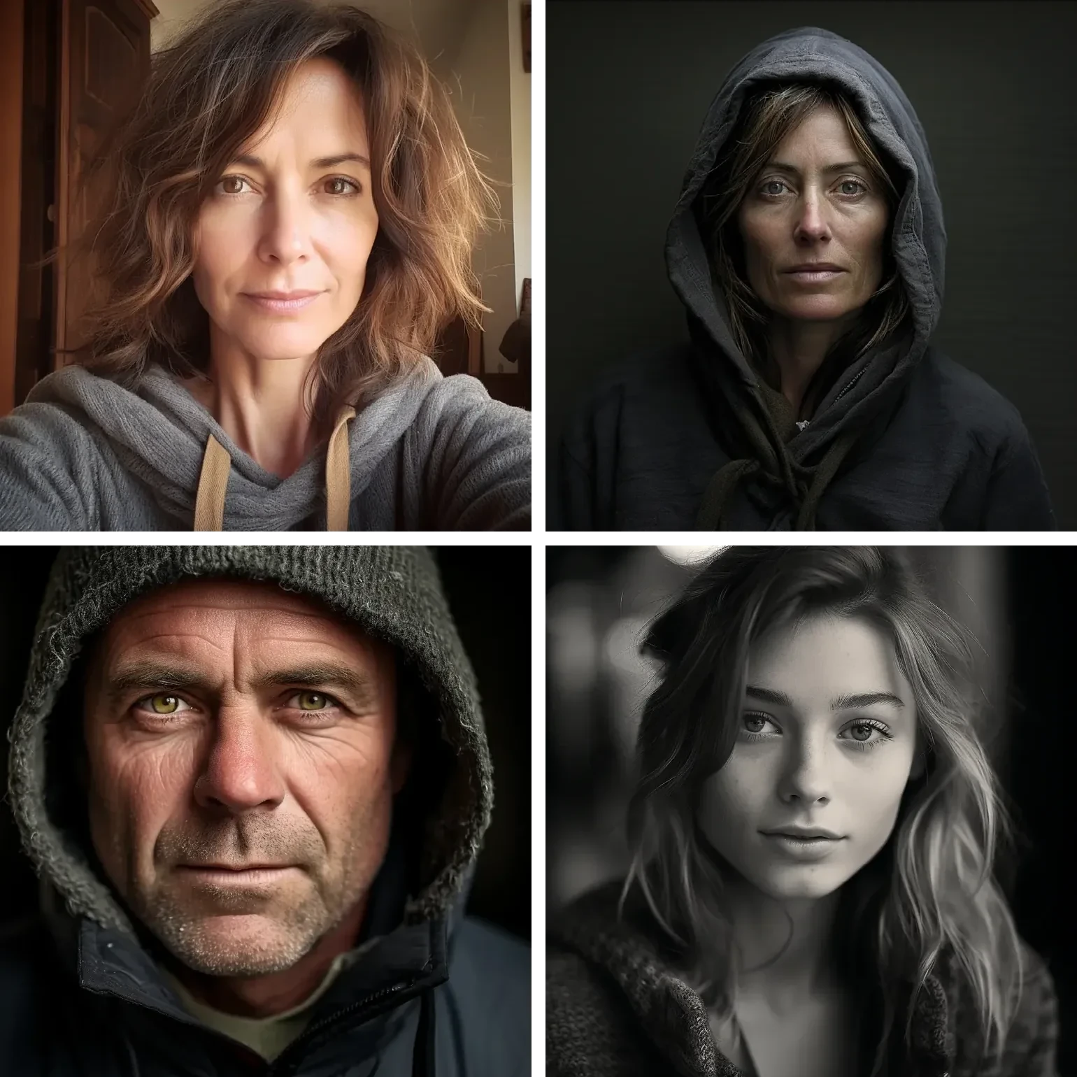 A 2×2 grid of front-facing AI portraits that read as specific individuals.