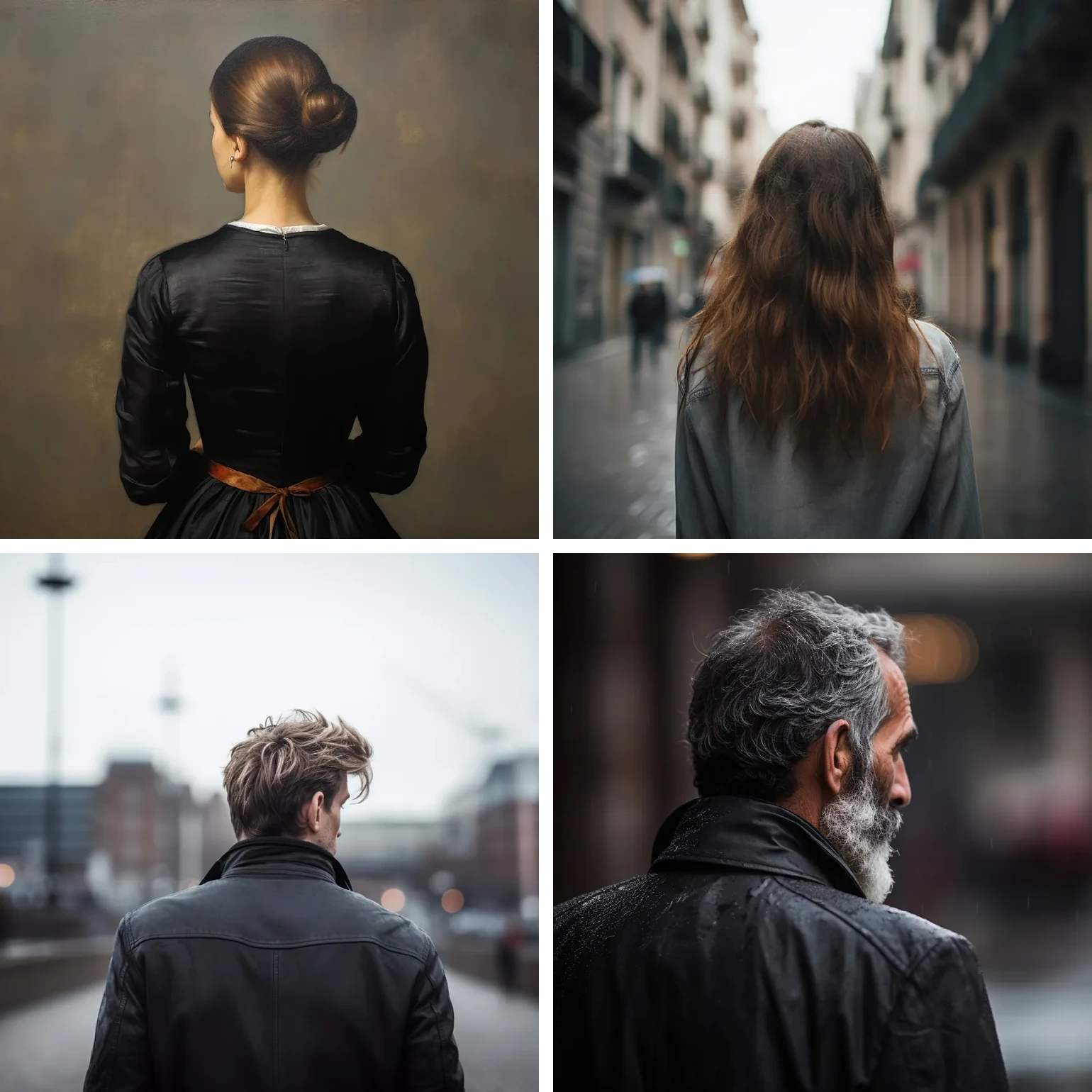 A 2×2 grid of AI portraits of people seen from behind.