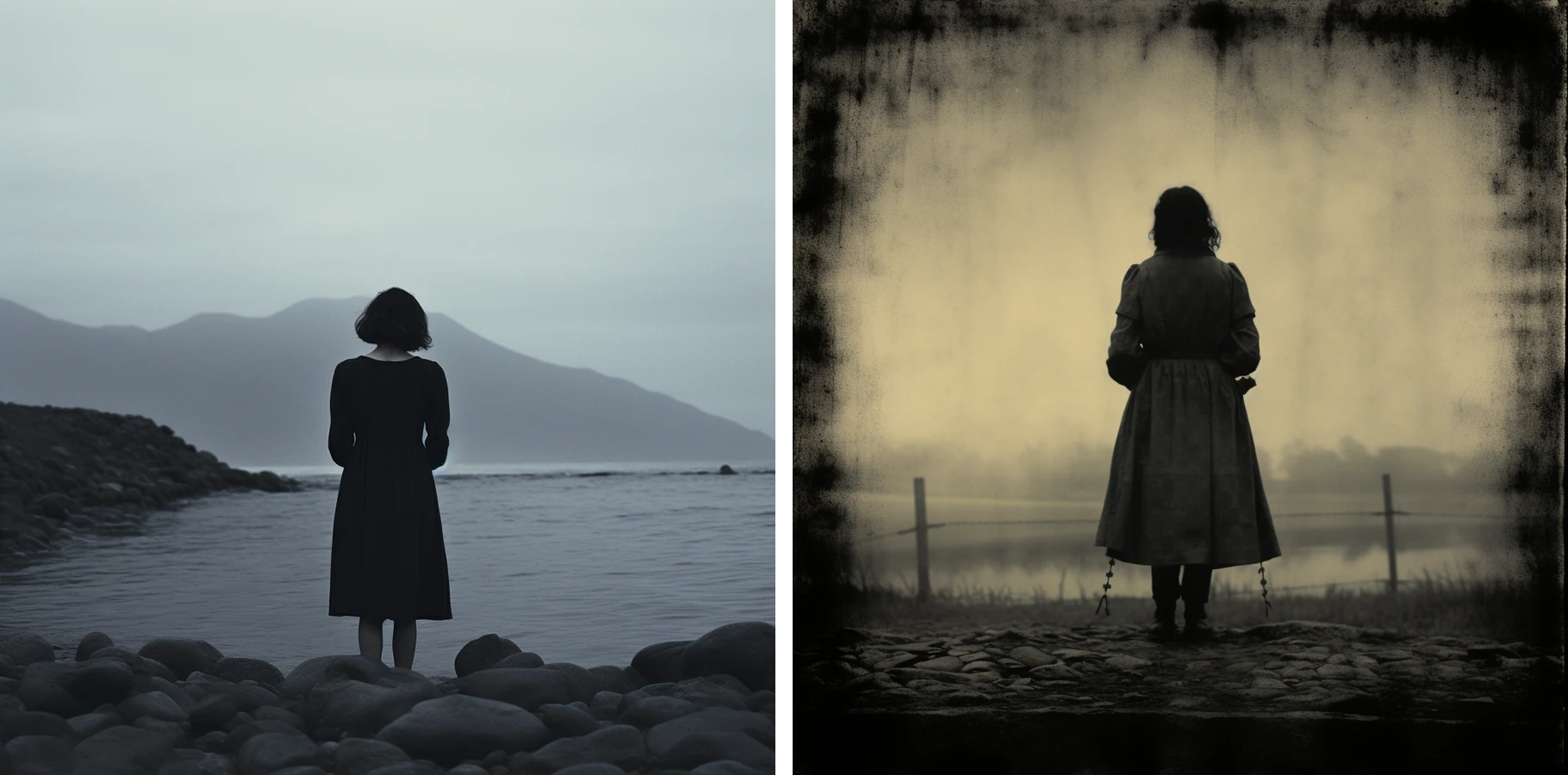 Two atmospheric experiments side by side: a foggy wet-plate study and a dark, moody minimalist landscape.
