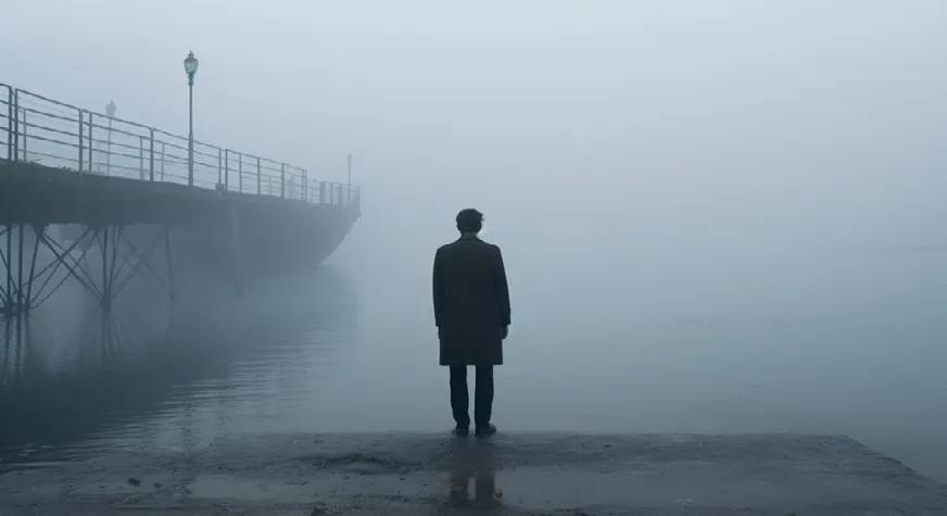 A woman standing in the fog, seen from behind.