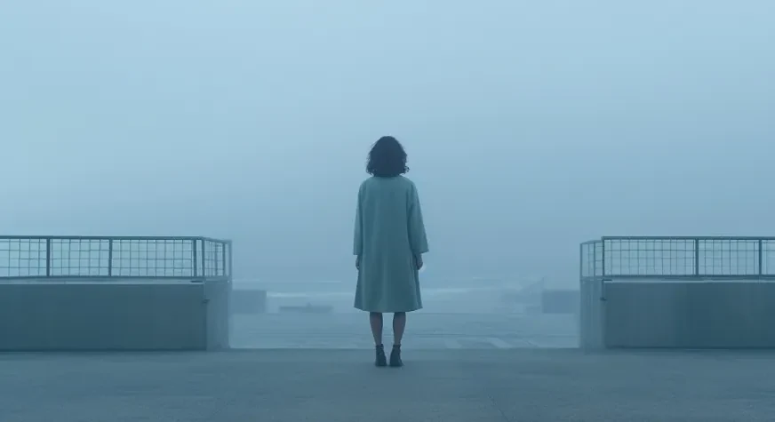 A man standing in the fog, seen from behind.