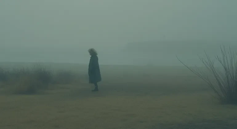 A woman standing in the fog by the sea, seen from behind.
