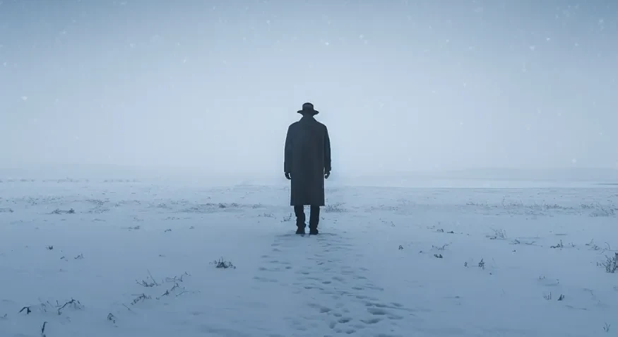 A man standing in the snow, seen from behind.