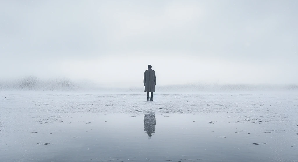 A man standing in the snow, seen from behind; variation.