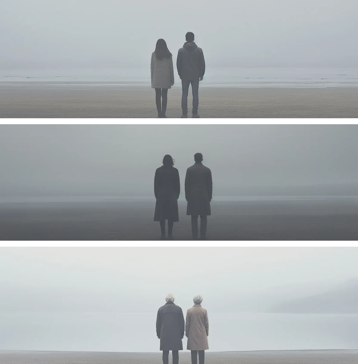 Three stacked misty seascapes, each with a female and male figure seen from behind: teenagers, adults, and elderly.