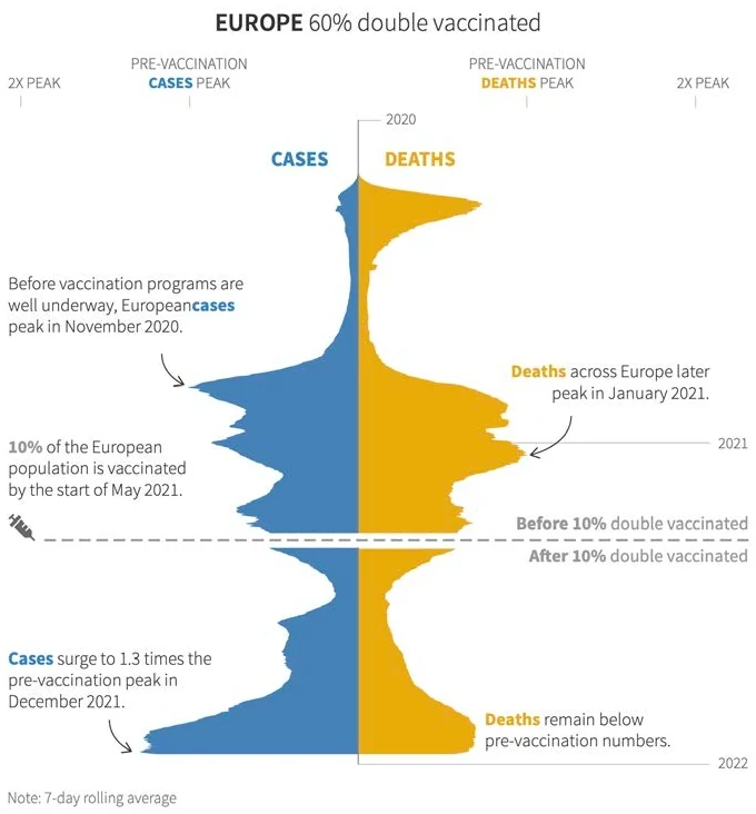 Mirrored area chart of European Covid-19 cases and deaths before and after vaccination, Reuters Graphics.