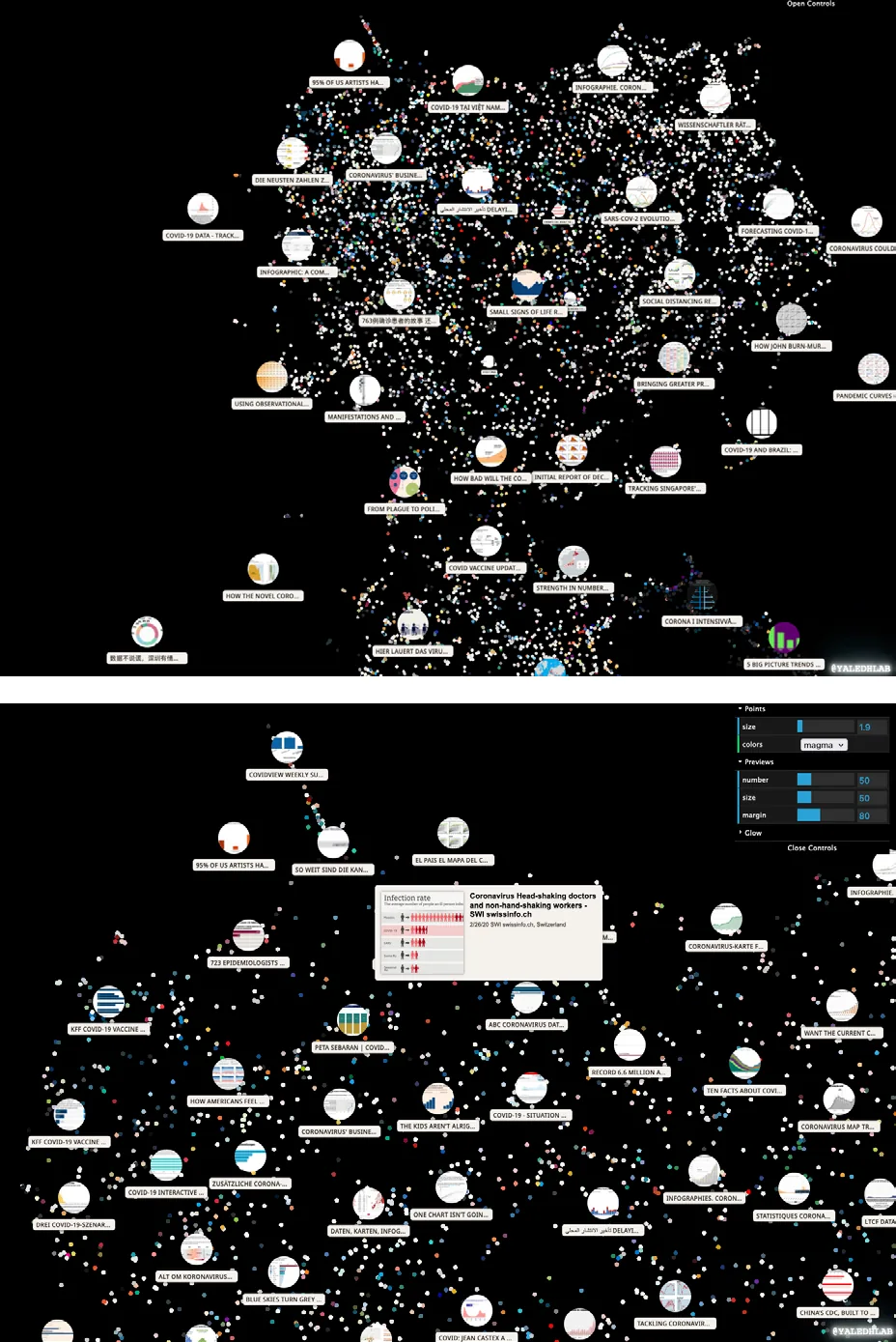 Figure 8. Two views of the COVIC images visualized in Trails: the shape of the entire cloud with generated figure vignettes (top), zoom view with controls open and figure selected (bottom). Source: Authors.