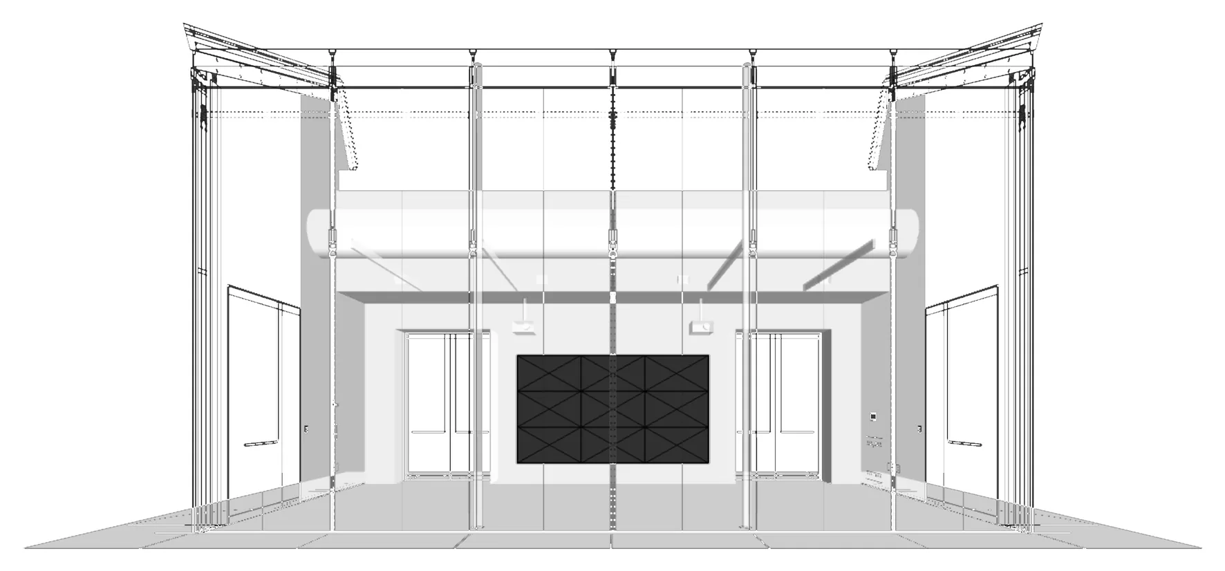 Figure 2. A three-dimensional representation of the Lightbox Gallery at the Harvard Art Museums. It works as an exhibition space connecting the museums to their archives. At its core, a video wall composed of nine monitors is used to exhibit digital installations, including the ones from Curatorial A(i)gents. Photo: courtesy of Ming Tu and Jeff Steward ([2016] 2024).