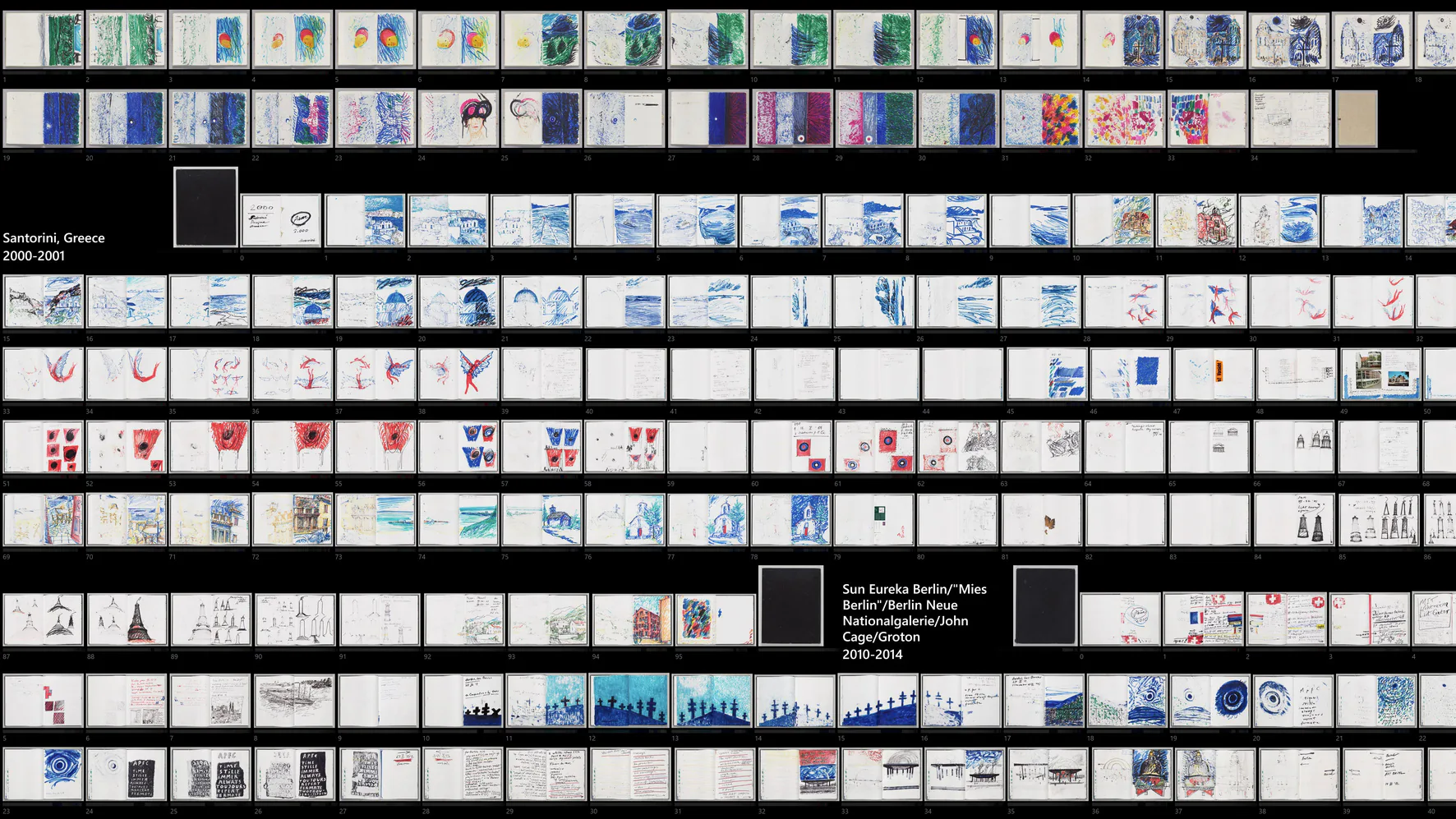 Figure 6. Processing the Page: Computer Vision and Otto Piene’s Sketchbooks showcases the digitization and exploration of over 70 of the artist’s sketchbooks. This installation demonstrates how curatorial practice combined with data visualization can reveal hidden narratives and insights into artistic processes, highlighting the potential of AI in enhancing the understanding of image collections. Photo: courtesy of Jeff Steward and Lauren Hanson (2022).