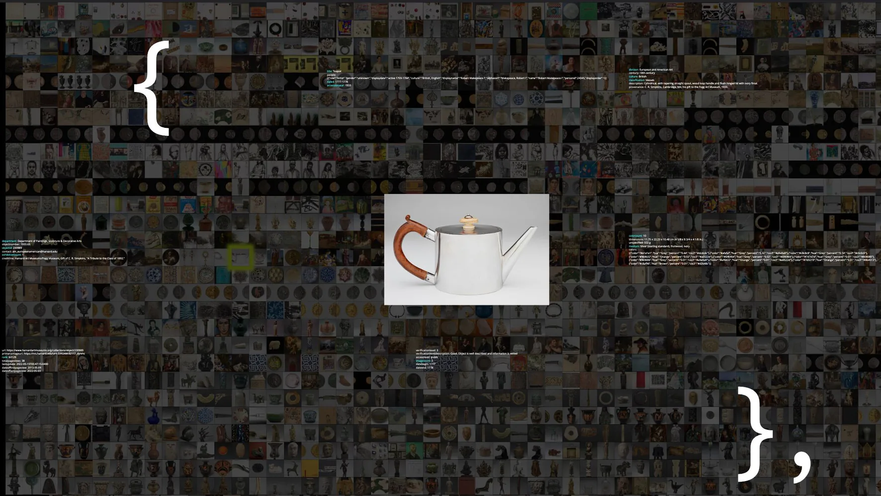 Figure 9. HAM Object Map offers a way to explore the Harvard Art Museums’ collection. It represents all 1,803 objects on display in the exhibition space as a network visualized through a dynamic, interactive mosaic. The mosaic allows visitors to explore the artworks in relation to one another, uncovering hidden narratives and connections through metadata fields and imagery. Photo: courtesy of Jeffrey Schnapp, Jessica Yurkofsky, and Sinan Goknur (2022).