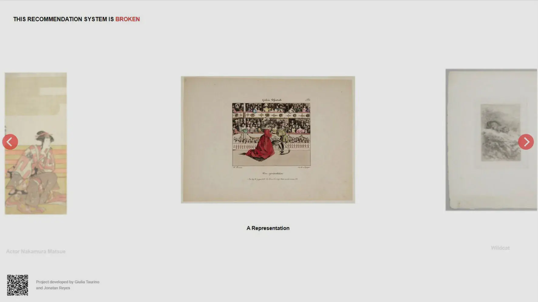 Figure 10. This Recommendation System Is Broken challenges art recommendation algorithms. By employing randomization, this installation shifts the focus from popular to rarely seen pieces in the collection, highlighting the museums’ hidden gems. It questions the norms of visibility in art, inviting viewers to explore beyond conventional boundaries and discover the diverse breadth of the museums’ holdings. Photo: courtesy of Giulia Taurino and Jonatan Reyes (2022; Taurino 2023; 2022; 2021).