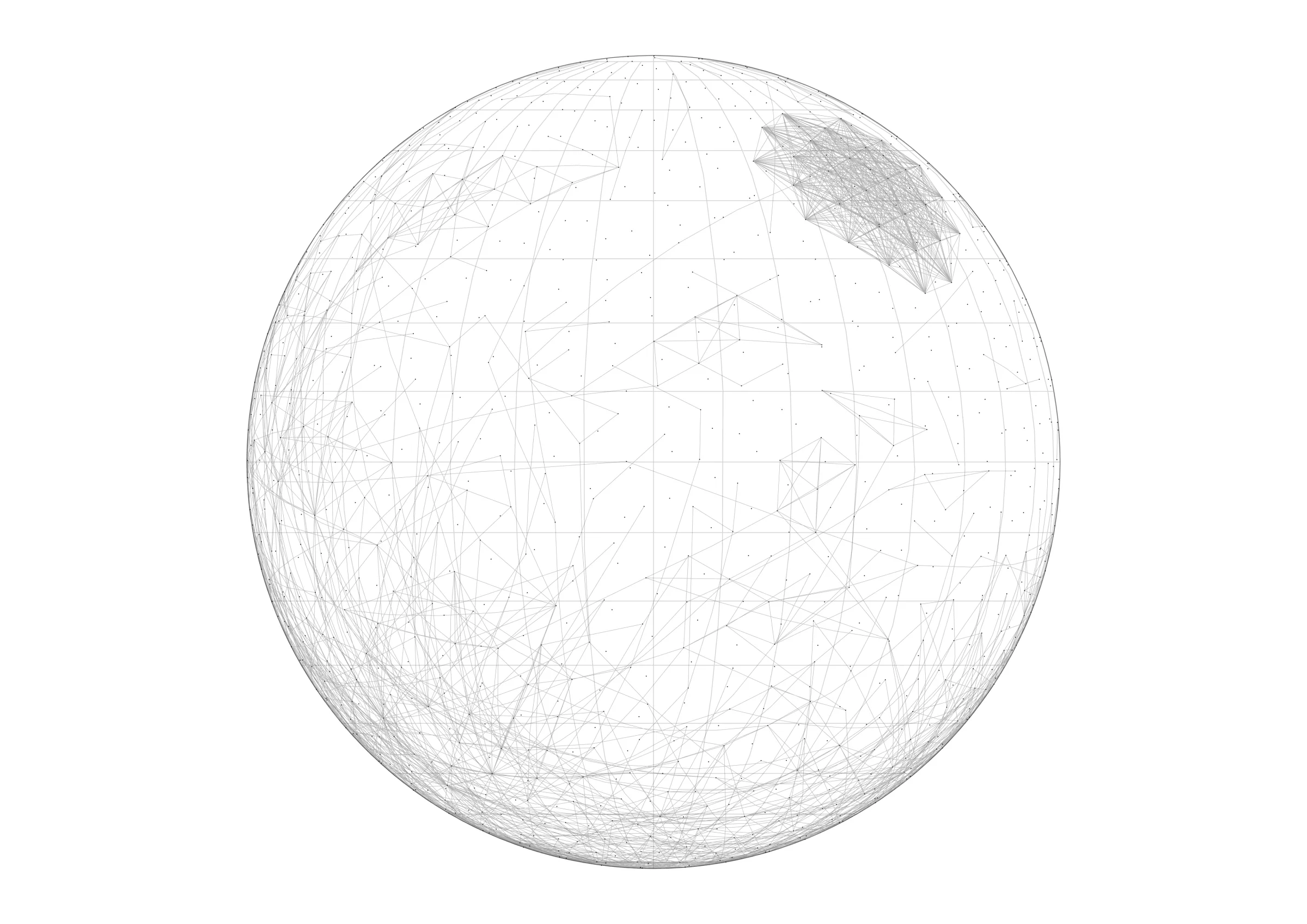 Figura 1. Spherical Projection, rete di co-autorialità della ricerca sul machine learning vista attraverso la proiezione ortografica, 2026. Mostra la sfera come vista da lontano: è visibile un solo emisfero, compresso verso i bordi.