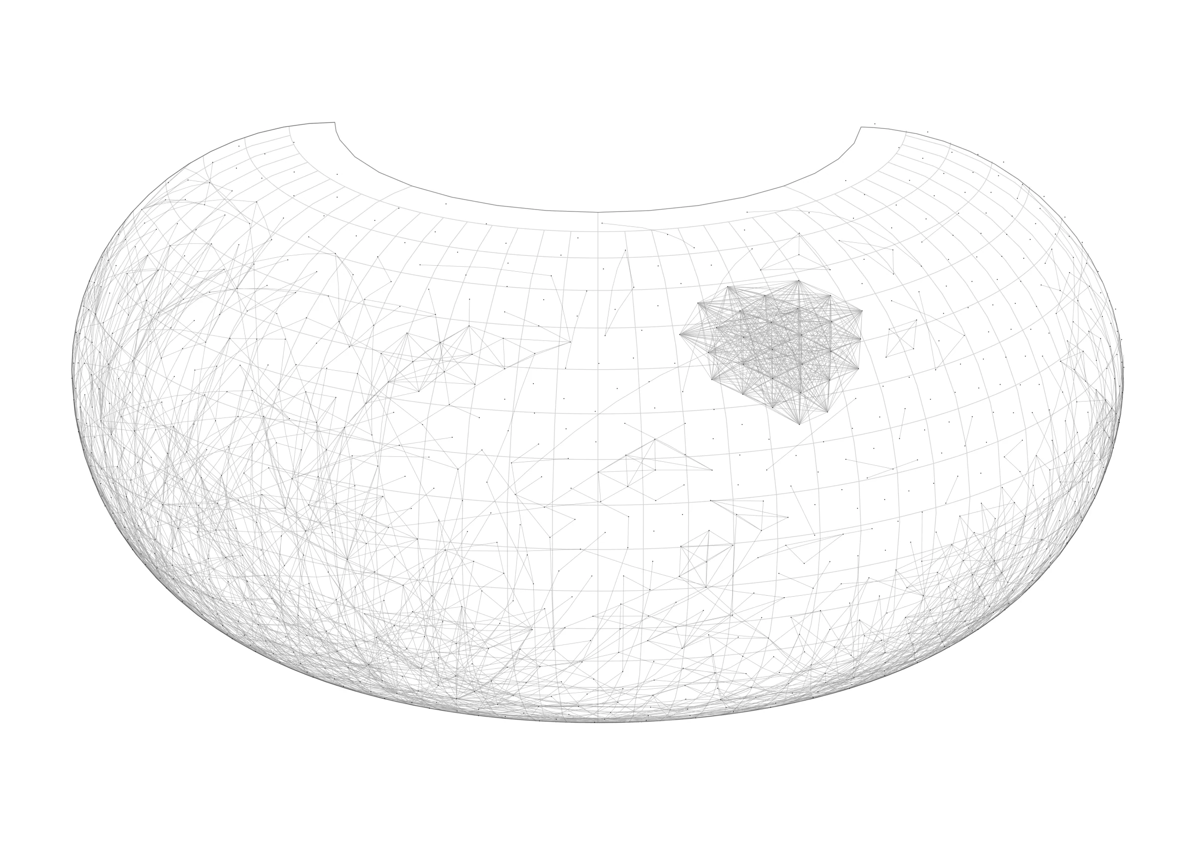 Figura 2. Spherical Projection, rete di co-autorialità della ricerca sul machine learning dispiegata attraverso la proiezione armadillo, 2026. La proiezione armadillo di Erwin Raisz avvolge la sfera su un guscio curvo visto di scorcio, tagliando via una regione polare.