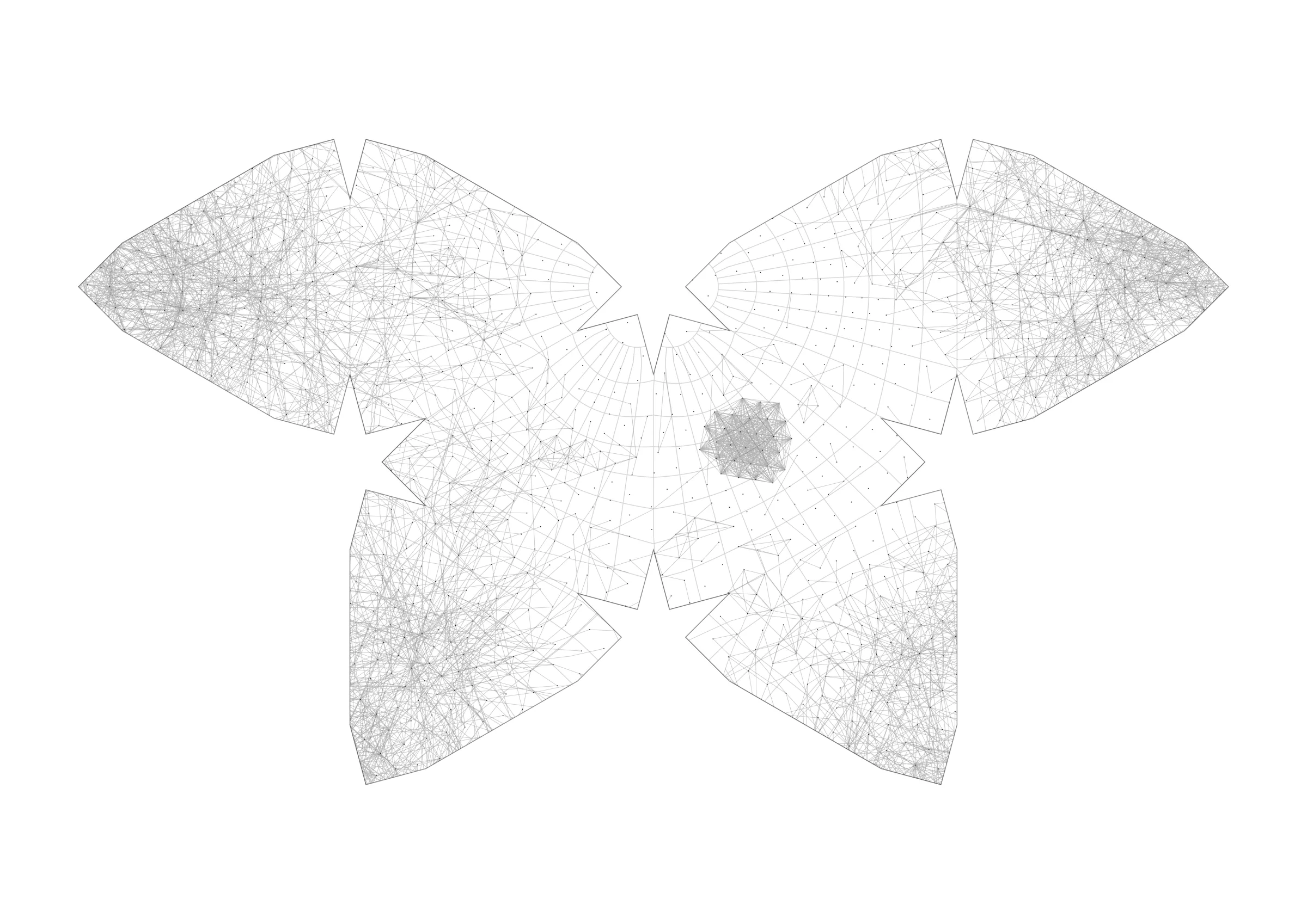 Figura 4. Spherical Projection, rete di co-autorialità della ricerca sul machine learning dispiegata attraverso la proiezione poliedrica di Waterman, 2026. La proiezione a farfalla di Steve Waterman dispiega la sfera sulle facce di un poliedro, tagliandola in pezzi piani con poca distorsione.