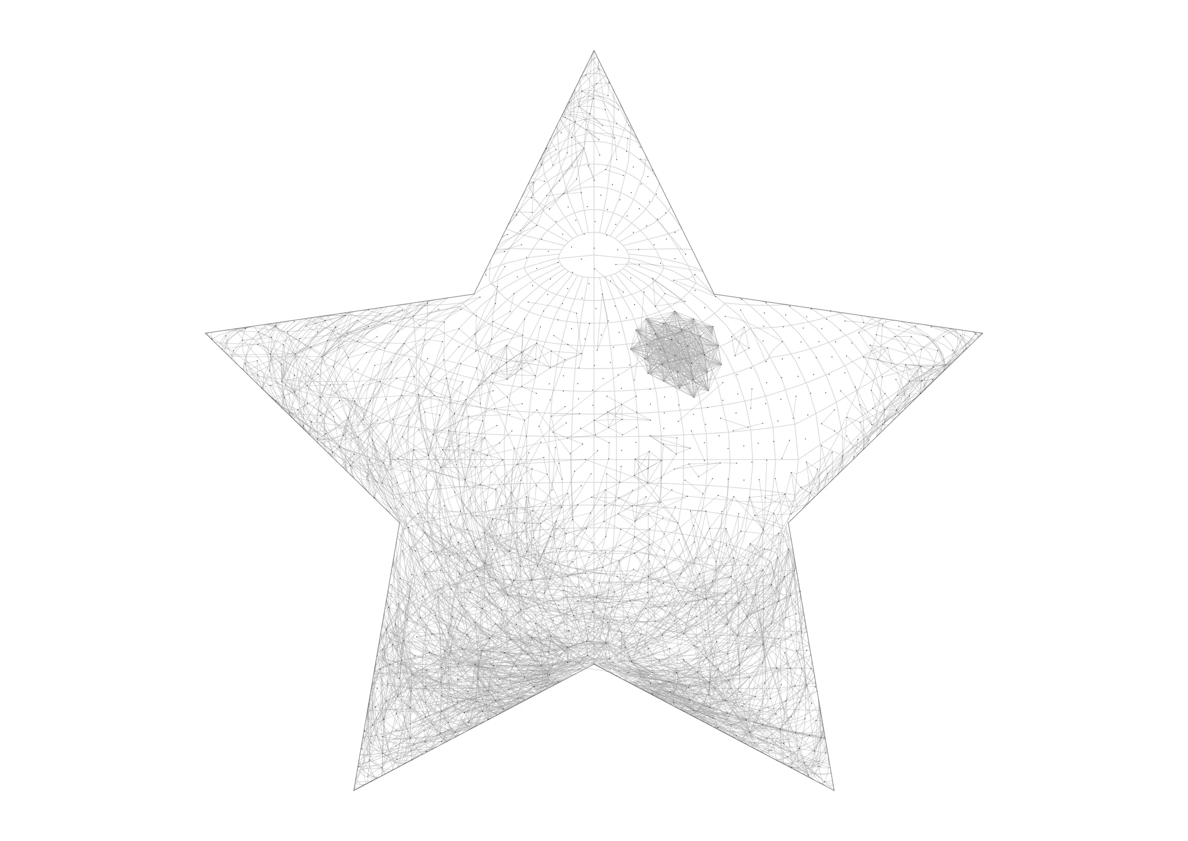 Figura 5. Spherical Projection, rete di co-autorialità della ricerca sul machine learning dispiegata attraverso la proiezione a stella di Berghaus, 2026. La proiezione a stella di Hermann Berghaus del 1879 apre la sfera in cinque punte attorno a un emisfero centrale.