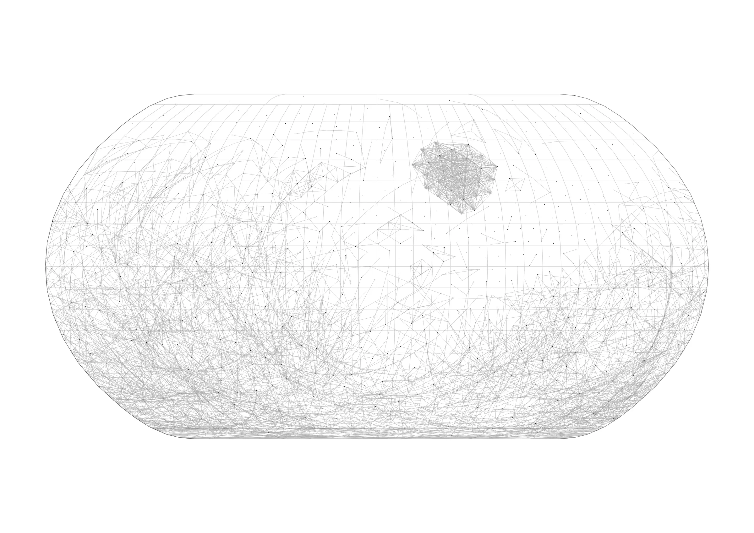 Figura 7. Spherical Projection, rete di co-autorialità della ricerca sul machine learning dispiegata attraverso la proiezione Natural Earth, 2026. La proiezione Natural Earth di Tom Patterson è un compromesso per le carte del mondo, con angoli arrotondati e distorsione bilanciata sull’intera superficie.