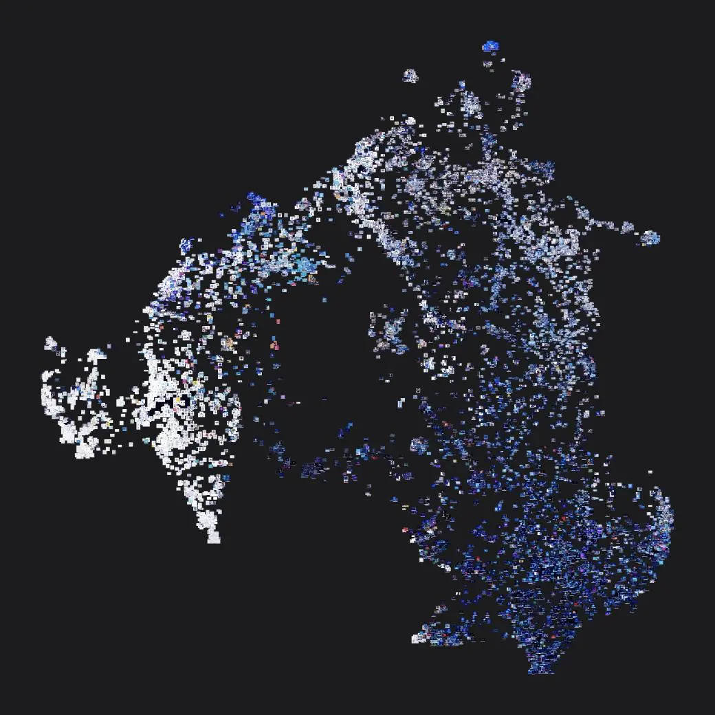 A PixPlot visualization of approximately 7,500 AI stock images organized into clusters by visual similarity.