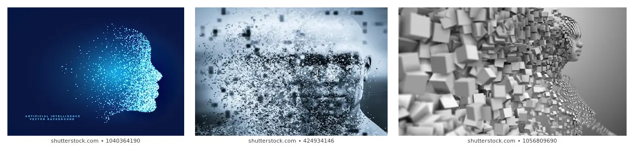 Three Shutterstock stock images depicting the transition from human to machine through datafication of the face and body.