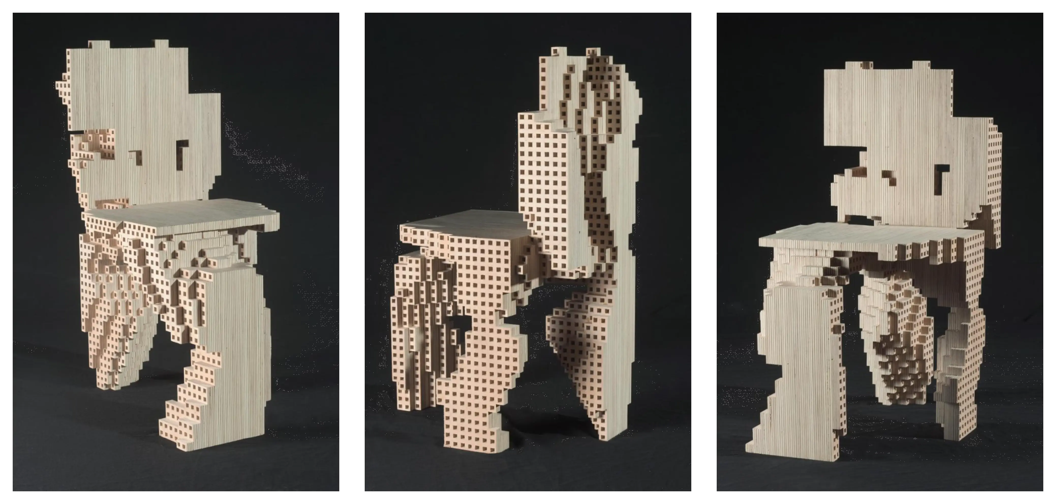 Three views of computational chairs designed by EZCT Architecture & Design Research using genetic algorithms.