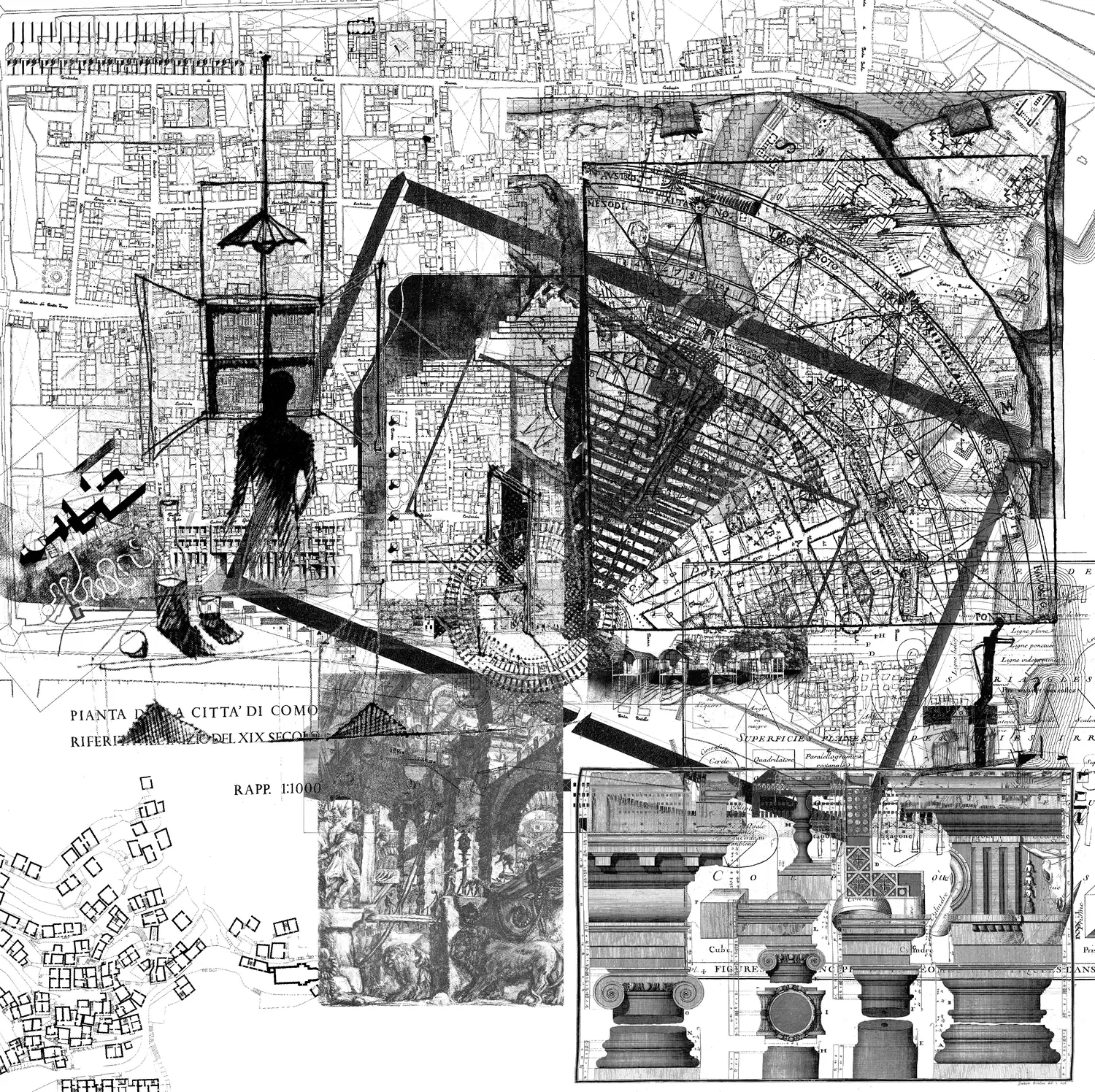 Figure 1. _Analogous City_ reinterpreted through digital analysis (Rodighiero 2022). First conceived as a collage for the Venice Biennale, the work has been studied as a critical artifact of architectural imagination (Ghirardo 2019; Lampariello 2017).