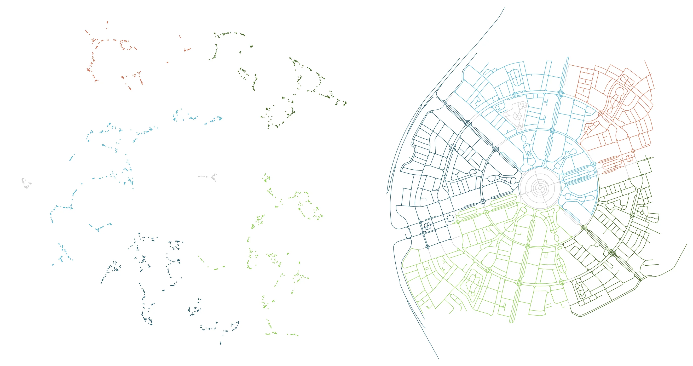 Figure 3. Dubai. The embedding preserves the hexagonal “slices” of the city’s planned geometry, echoing the structural order visible in the map.