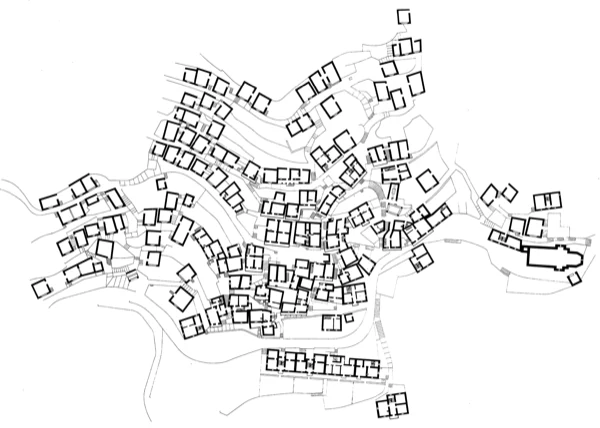 Plattegrond van de begane grond van het dorp Brontallo