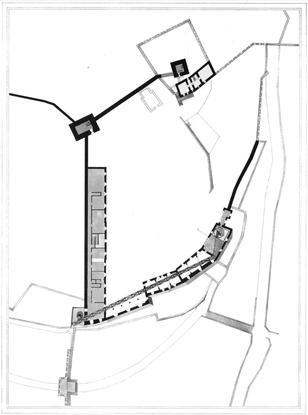 Situatieplan van het restauratieproject voor Castel Grande te Bellinzona, met de muren die langs de heuvel aflopen