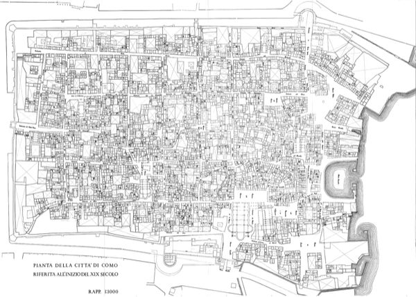 Caniggia’s plattegrond van het historische centrum van Como, met de bebouwing in zwart
