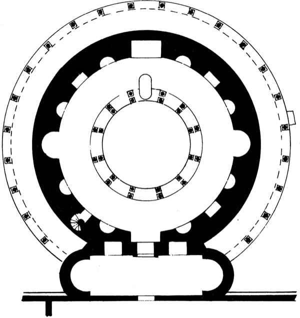 Plattegrond en doorsnede van het Mausoleum van Constantina te Rome