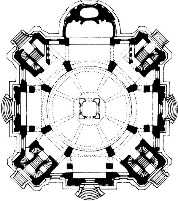 Plattegrond en doorsnede van Bährs Frauenkirche te Dresden
