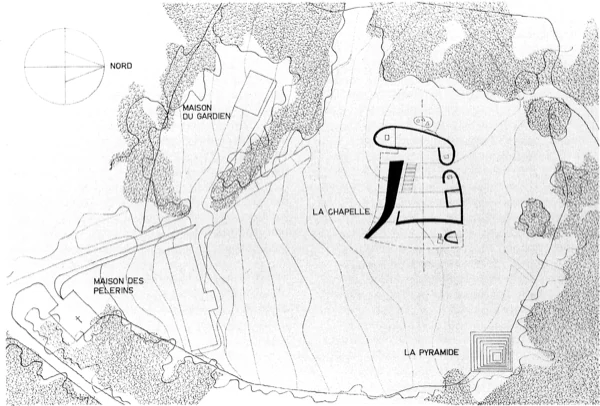 Plattegrond van Le Corbusiers kapel Notre-Dame du Haut te Ronchamp