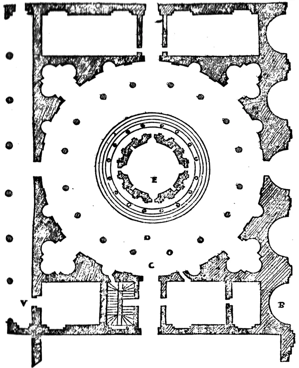 Plattegrond en opstand van Bramantes Tempietto bij San Pietro in Montorio