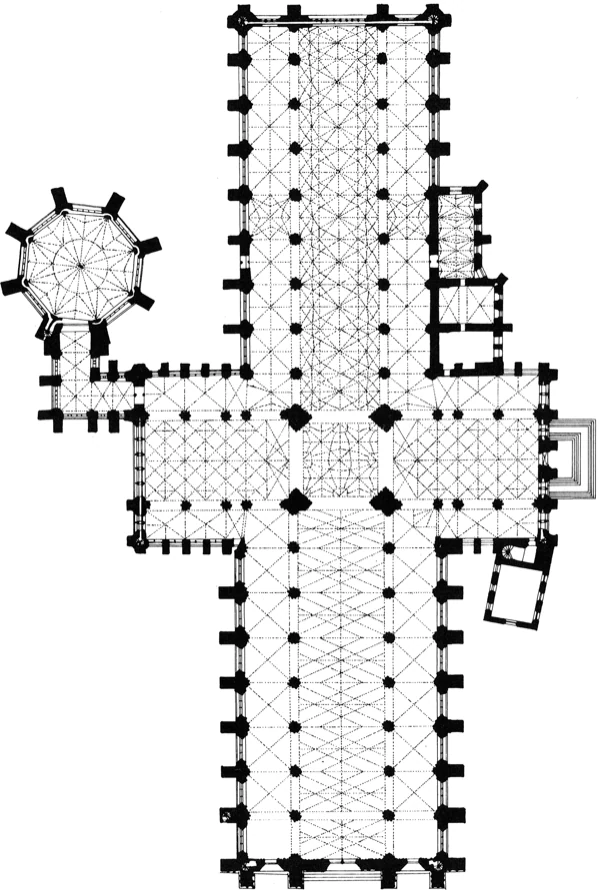 Plattegrond en opstand van het kapittelhuis van de kathedraal van York