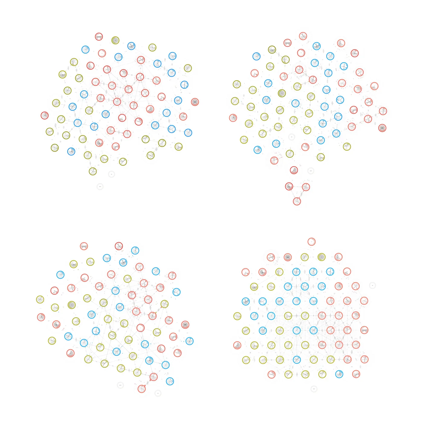 Figure 2. The various constellations of the Affinity Map. The affinities that regulate the distances (see Figure 1) can be activated and deactivated producing different arrangements. Constellations are displayed from the upper-left in text organization, namely advising, publications, teaching, and keywords.