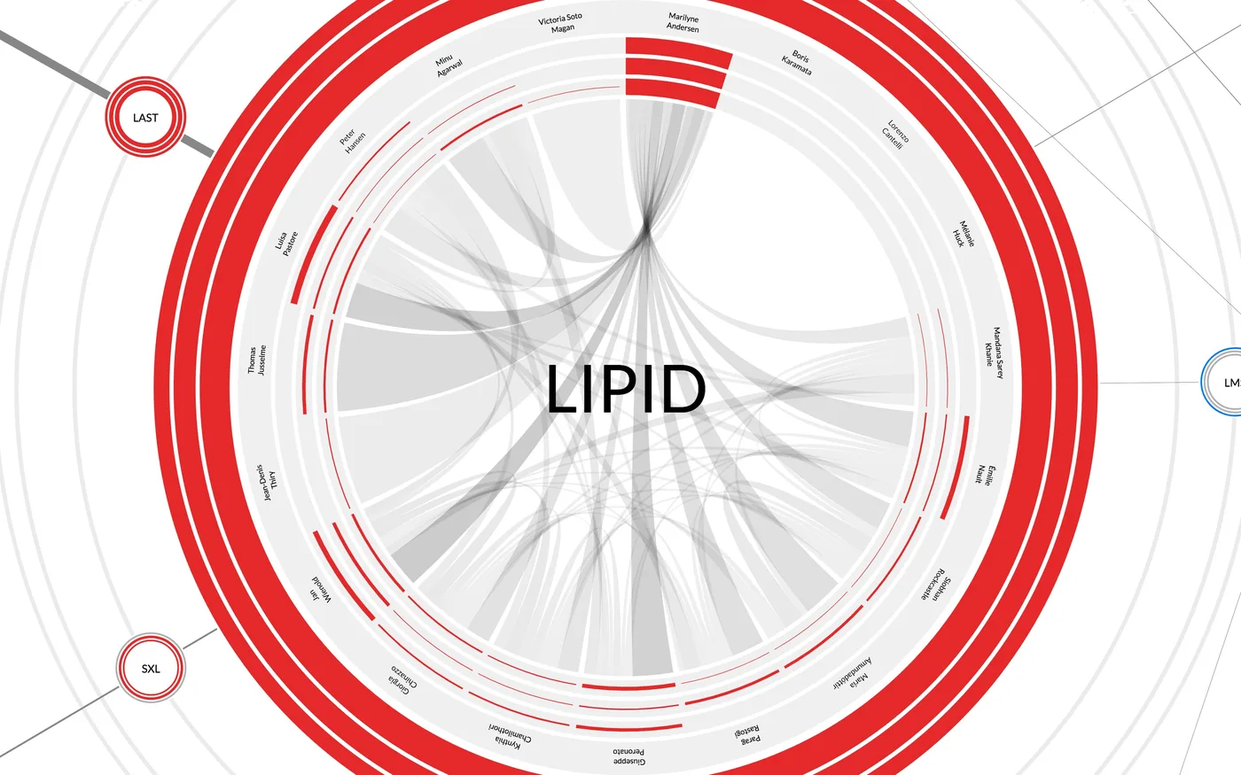 Figure 5. The laboratory node is represented as a network. A chord diagram shows the affinities among the members of the same unit. Then, the usual system of indicators corresponding to advising, publications, and teaching identifies the role of each member (segments of the circumference), and the balance of academic practice of the laboratory (external rings).