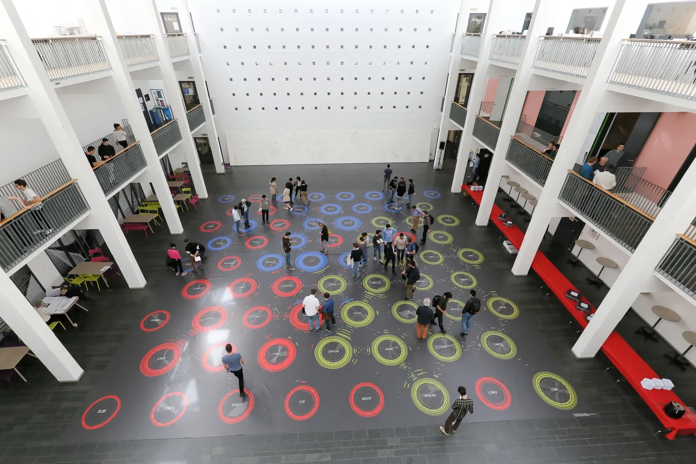 Figure 8. The actualization of the Affinity Map as a carpet. That installation that has been created for the School of Architecture, Civil and Environmental Engineering Research Day covers a surface of 250 m². Members of the school were invited to walk on to find themselves and their peers (reproduced with the permission of the copyright holder Alain Herzog, 2016).