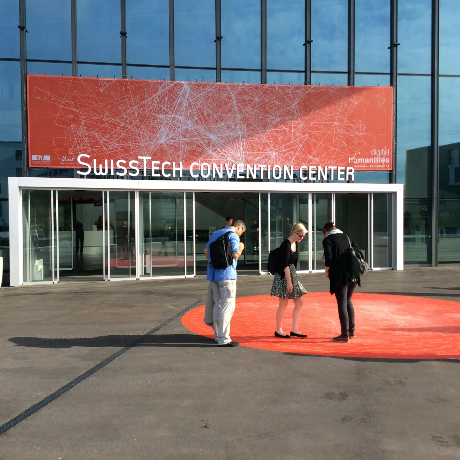Figure 3. The authors network visualization materialized in a red carpet, placed just in front of the conference entrance.