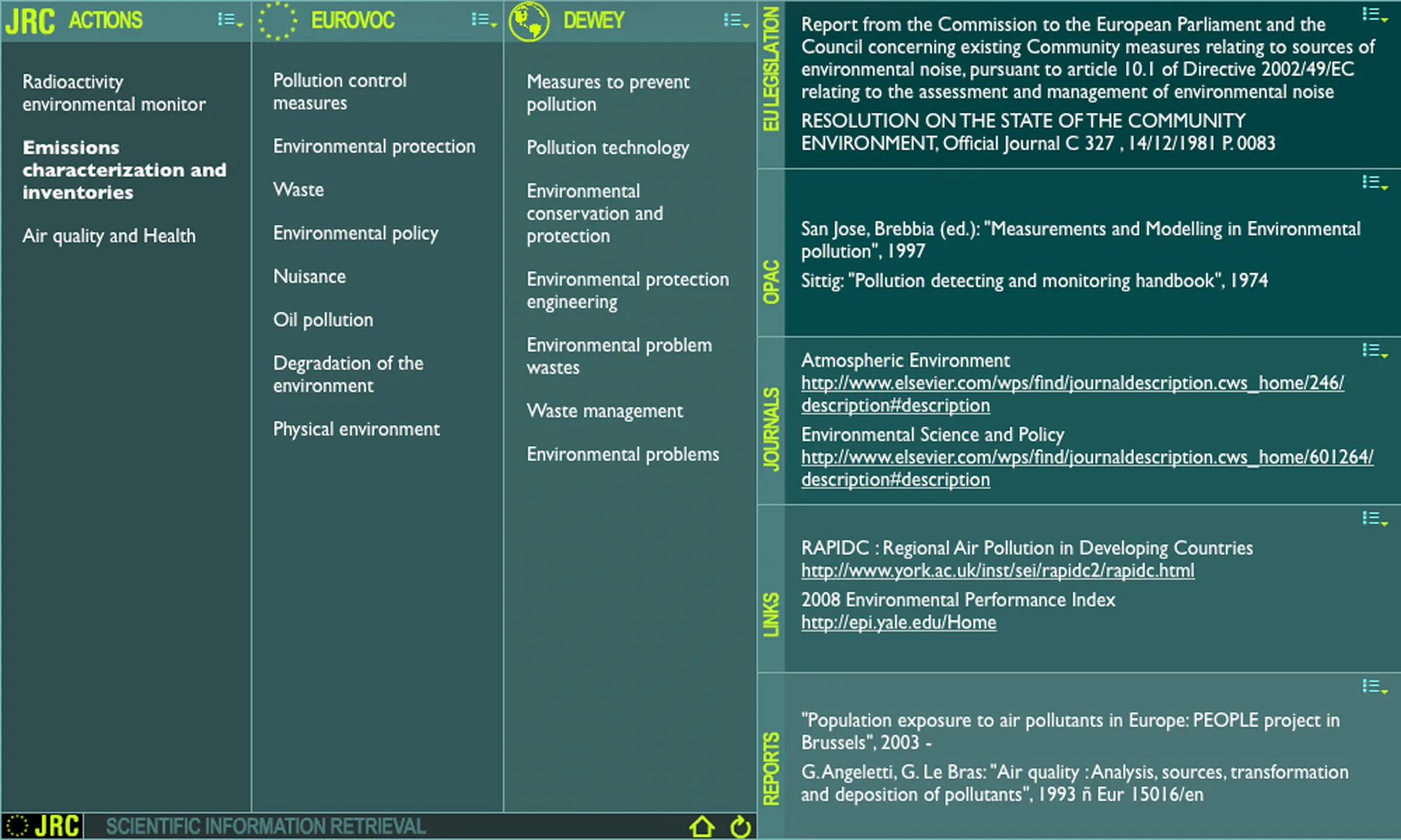 Figure 4. The SIRS interface: the three thesauri on the left, retrieved items in the right-hand frames.