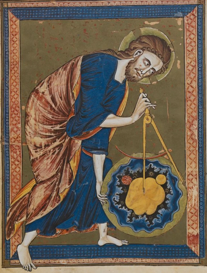 Fig. 3. God as Architect of the World, frontispiece of the Bible moralisée, c. 1220–1230, Österreichische Nationalbibliothek, Codex Vindobonensis 2554, f. 1v.