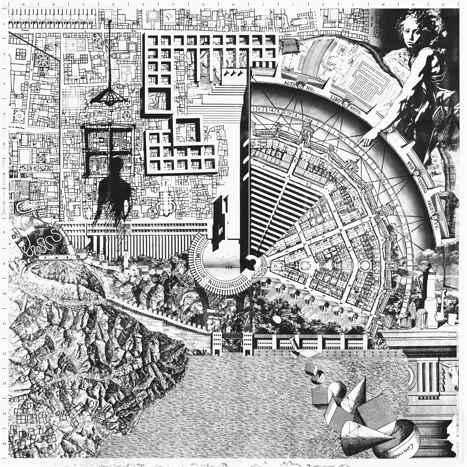 The Analogous City reproduced across the recto of the map, a black-and-white collage of city plans, landscapes and architectural fragments, framed by the lettered and numbered margins that let each reference be located on the sheet