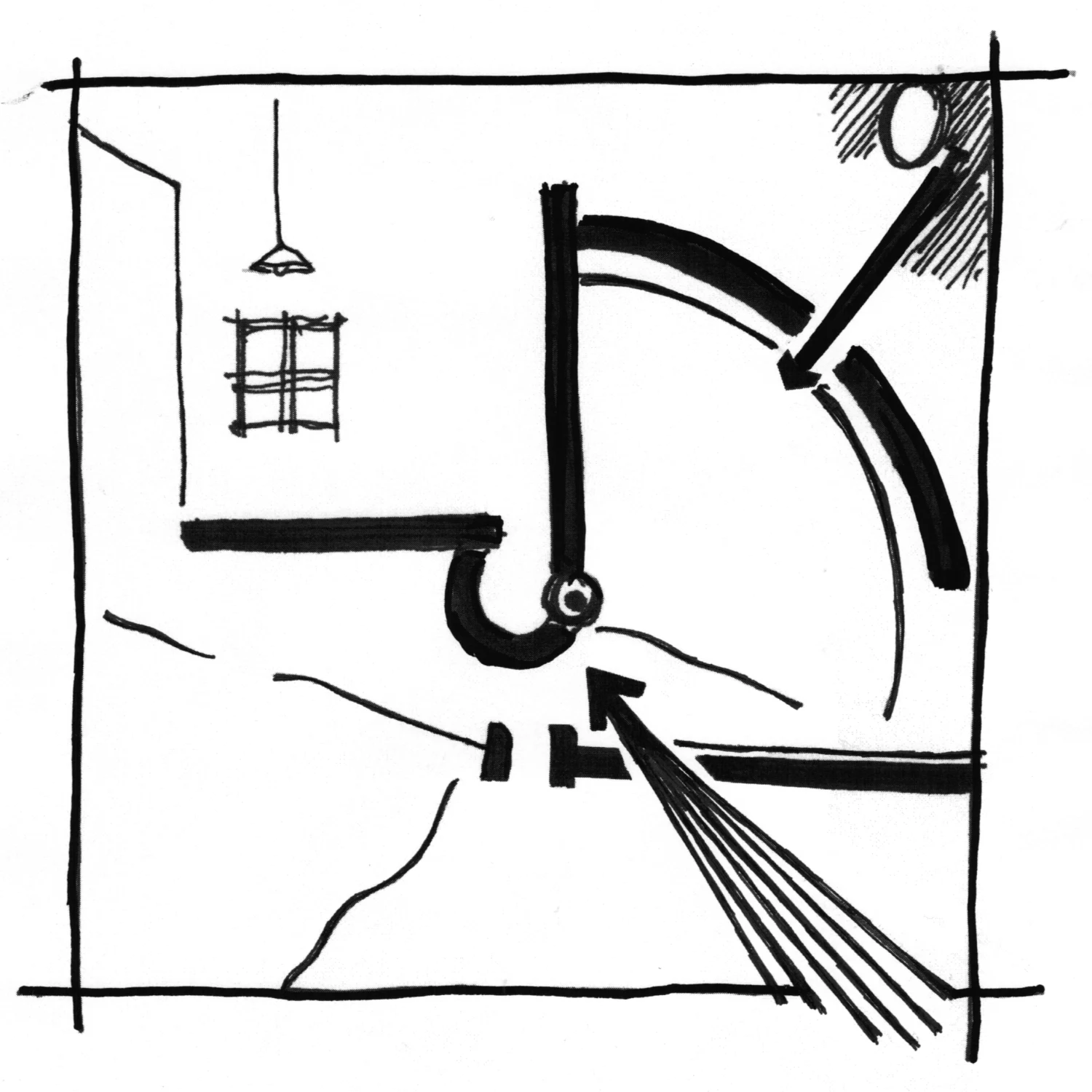 Schema di Reinhart della composizione: la stanza domestica dell’abitante con la sua lampada a soffitto e la finestra a sinistra, e la macchina centrale di ingranaggi, ruote dentate e volani.