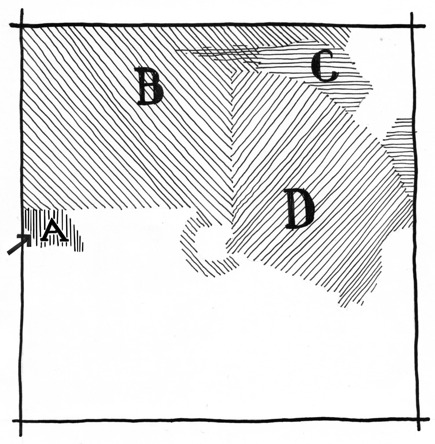 Diagramma di Reinhart che identifica con lettere le parti sovrapposte della planimetria — la città reale (B), la città della memoria (C), la città ideale (D) — e l’accesso celato al Castelgrande (A).