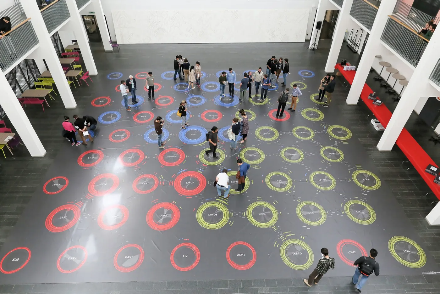 Figure 4. During the ENAC Research Day 2016, the Affinity Map was unveiled in a scenographic configuration where the ENAC collective was invited to interact with the data visualization from balconies and by walking on the map.